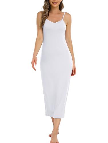 Vlazom Fond de Robes Femme Longue Lingerie Modal Jupon sous Robe Bretelles Slip Elégant Chemise de Nuit,Blanc,S