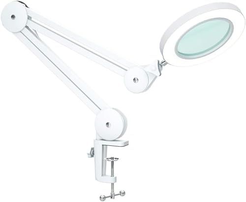Lampe Loupe LED 5 Dioptries - Lumière de Travail avec Lentille en Verre 105 mm, Bras Pivotant Premium et Pince de Table - Éclairage Dimmable 3 Températures - pour Travaux de Précision et Artisanat