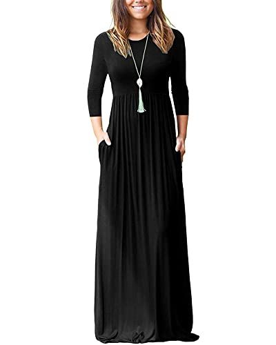 WNEEDU Femme Robe Longue Manches 3/4 Robes Maxi Décontractées avec Poches Robes Femme