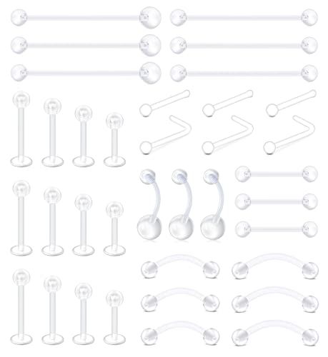 MODRSA Piercing Corps Transparent Kit Plastique Piercing Nez Anneau Piercing Nombril Lèvres Labret Sourcil Téton Langue Femme Tragus 36 Pièces
