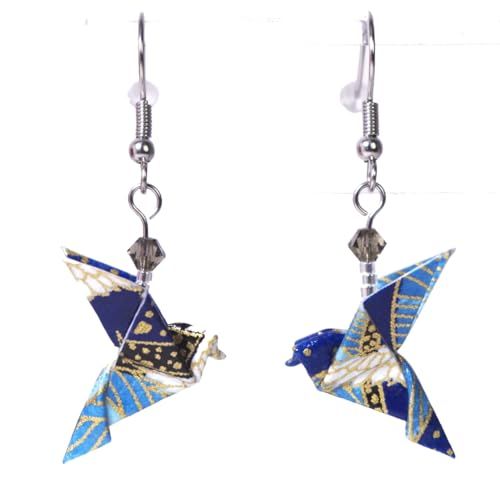 Boucles d'oreilles colombes origami (Grues blanches sur fond bleu)