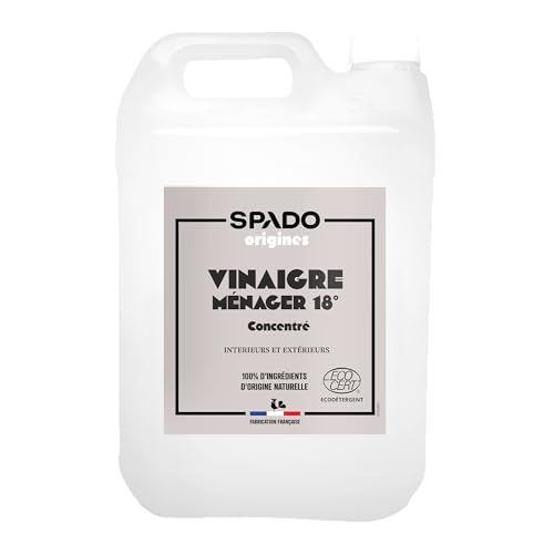 SPADO Origines - Vinaigre blanc 18° - Détartre et fait briller - Formule ultra concentrée et naturelle - Sans parfum - Contact alimentaire - ECOCERT - 5L - Fabrication Française