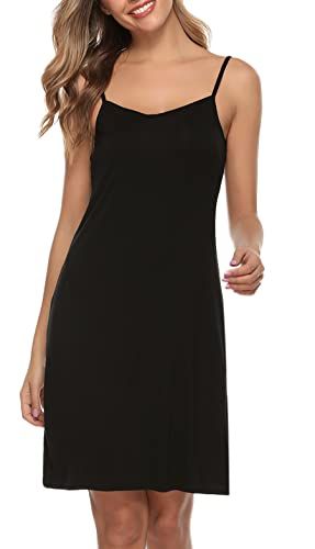 Vlazom Fond de Robe Femme Modal Elégant Chemise de Nuit Antistatique Gainant Jupons Bandoulière réglable,A Noir,M