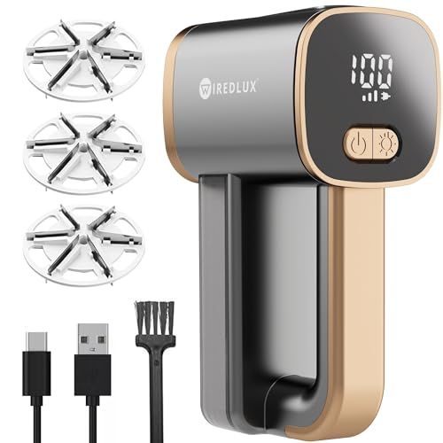 WiredLux Rasoir Anti-Bouloche Électrique - Déboulocheur Rechargeable pour enlever Les Peluches sur Vêtement & Meuble - Lumière LED, Appareil Coupe Peluche à 3 Vitesses, Câble USB, Dual Protection