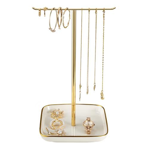Organisateur de bijoux avec base en céramique : 30,5 cm de hauteur, organisateur pour colliers, bracelets, bagues, boucles d'oreilles, décoration esthétique de chambre pour femmes et filles, doré
