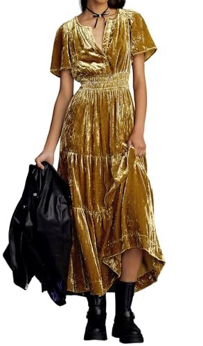 R.Vivimos Automne Hiver Femmes Velours Maxi Robe Manches Courtes V Col en échelons Ruffle Une Ligne Robe Vintage(L,Crushed-Gold)