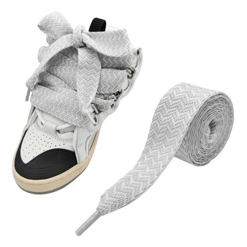 UamGlsob Lacets Gros Extra-Larges 3cm pour Baskets Lanvin, Lacet Plats Géants Colorés Style Chunky Laces (Grey+white,140cm)