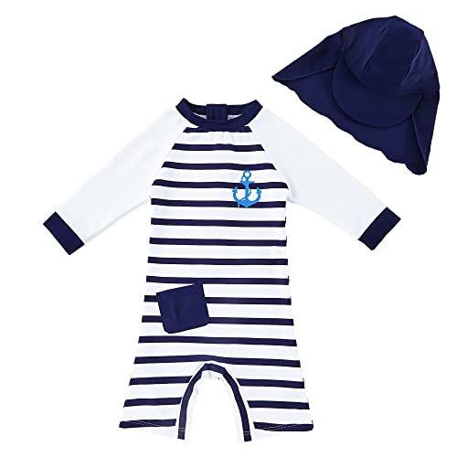 upandfast Maillot 1 pièce bébé garçons avec Fermeture éclair Maillot à Manches Longues et Chapeau Assorti avec Protection Solaire UPF 50+ (Ancre de Bateau, 12-18 Mois)