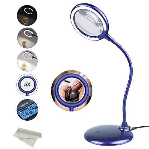 Delixike Lampe loupe rechargeable à intensité variable 5x - Mains libres avec lumière et support 28 LED Pour personnes âgées, faible vision, loisirs, travaux manuels, Bleu, 16*17*22cm, (DLXK-3)