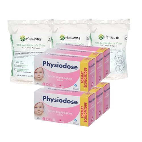 Pack PHYSIODOSE 6+3 | 6 Sérum Physiologique 40x5ml + 600 Rectangles de Cotons Hexacare 8x10cm | Hygiène Quotidienne Bébé | Format Économique
