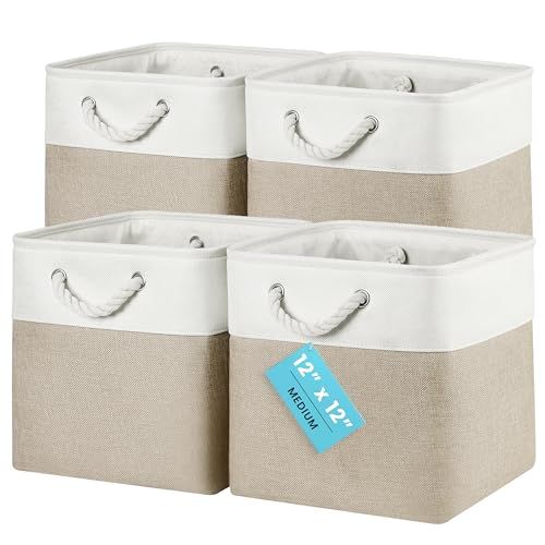 OrganiHaus Bacs de Rangement Cubiques 30X30 lot de 4, Paniers Cubes en Tissu avec Poignées en Corde, Cubes de Rangement Pliables pour Bibliothèque Kallax, Panier pour Chambre d'enfant. Beige/Blanc