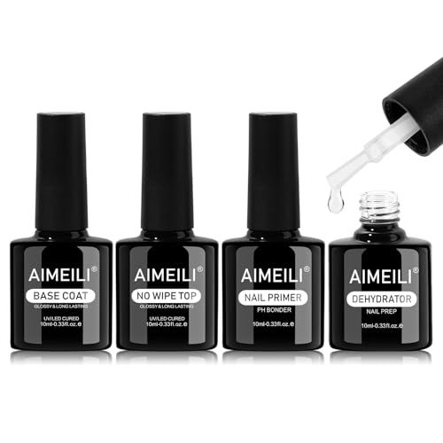 AIMEILI Nail Primer Déshydrateur Base et Top Coat pour Ongles, Vernis Semi Permanent Gel UV LED Soak Off Ultra Brillant Finish Longue Durée Kit de Manucure 4 x 10 ml