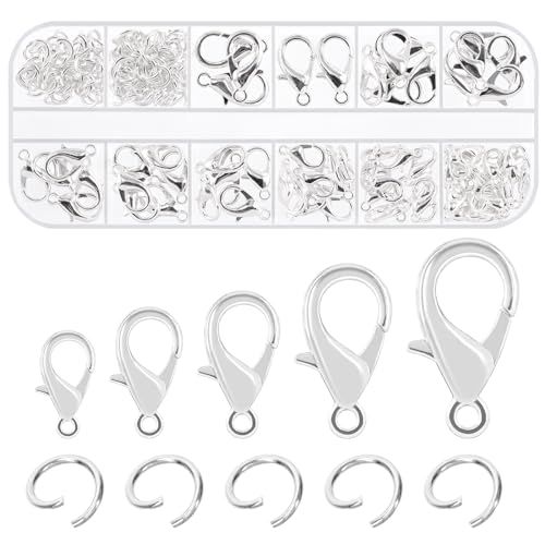 Swpeet 170 pièces argent 10mm 12mm 14mm 16mm 18mm anneau de suspension ouvert et 6mm fermoir homard combo Kit, parfait kit de découverte de bijoux pour bricolage faire signet