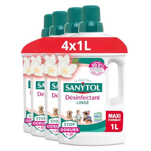 Sanytol - Désinfectant Linge Stop Odeurs - Parfum Fleurs Blanches - 4 x 1L - Bactéricide, Virucide - Sans Javel - Préserve Fibres et Couleurs à Toutes Températures