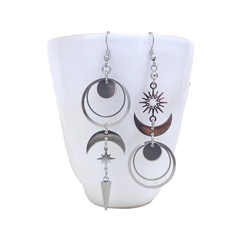 Expédié le lendemain de la commande. Boucles d'oreilles longues dépareillées asymétriques, croissant de lune, soleil, étoile, acier inoxydable