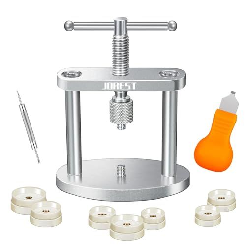 JOREST Presse de Boîtier Montre, Outil pour Ouvre et Fermer Boitier Montre, Kit Changement Pile Montre, Kit Reparation Montre, avec Manuel D'Instruction, pour les Cadrans Ronds Uniquement