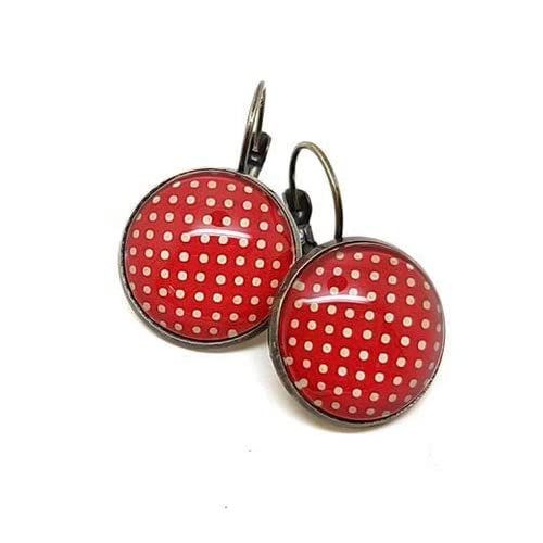 Boucles d'Oreilles Dormeuses cabochon verre Rouge à Pois Beige effet Papier Vieilli