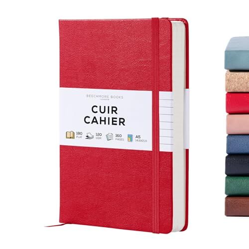 Beechmore Books Carnet de Notes Pages Blanches - A5, Rouge I Journal à Couverture Rigide Cuir Vegan, Papier Ligné Crème Épais 120 g/m², Boîte Cadeau, pour Écrivain, Journaliste, Réunion, Étudiant