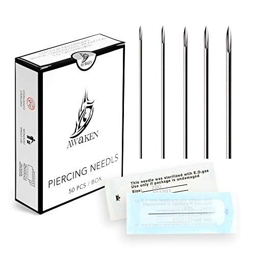 AWAKEN Aiguilles de Piercing Body Piercing stériles pour Accessoires de Tatouage de Langue de Nombril d'Oreille de Nez 50 pièces 16G