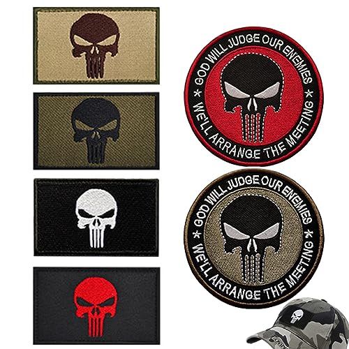 Patch Militaire Punisher Airsoft Motif Tête de Mort Personnalisé - Ecusson Scratch Tactique Lot de 6 avec Crochet et Boucle pour Vêtements, Sac à Dos, Casquette