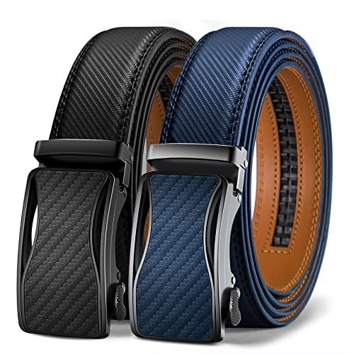 KEMISANT Ceinture Homme 2 Pièces, Ceinture Automatique Cuir Hommes Largeur 35mm,Cadeau Box Taille Ajustable(Noir/Bleu-110cm/30-36" taille réglable)
