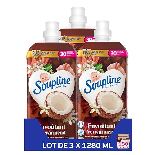 SOUPLINE Adoucissant Linge Concentré Senteur Fleurs Blanches & Notes de Noix de Coco, Assouplissant Linge Formule Améliorée pour Plus de Parfum*,Assouplissant Textile Liquide, Soupline Lot de 3x1,28L