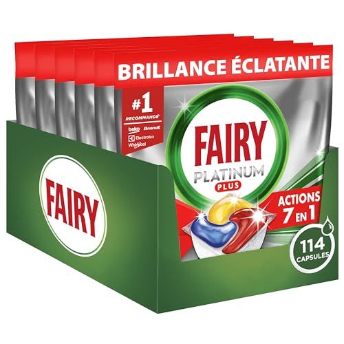 Fairy Platinum Plus Tablettes Lave-vaisselle Tout-en-1, 114 Tablettes (19x6), Parfum Citron, Technologie Anti-Terne, Prévient le Calcaire, Système Pré-Lavage Intégré, Efficace en Cycle Court