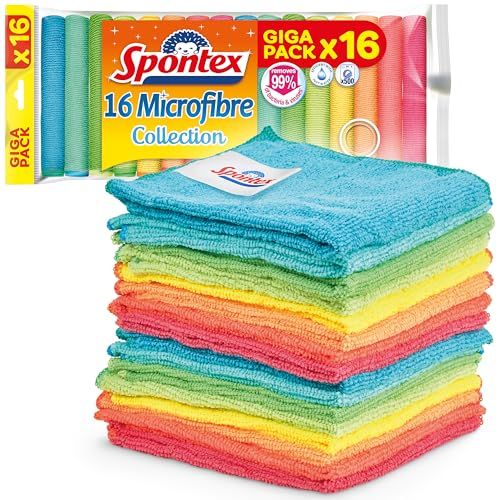 Spontex Chiffons de nettoyage microfibre | 16 chiffons de nettoyage collection microfibre | Chiffons à poussière et de cuisine | 30 x 30 cm | Couleurs assorties | 16 unités