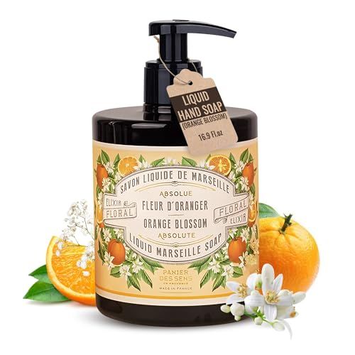 Grand Prix Marie Claire - Panier des Sens - Savon de Marseille Liquide Fleur d'Oranger - Savon Liquide Mains - avec Huile d'Olive et Coco - 96% d'Ingrédients Naturels - Fabriqué en France - 500ml