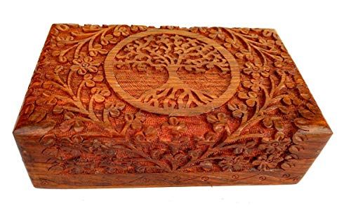 Ajuny Boîte à Bijoux en Bois Sculpté Fait Main – Motif Arbre de Vie, Coffret Décoratif Marron 20 x 13 cm, Coffre au Trésor Polyvalent pour Montres & Souvenirs, Idée Cadeau