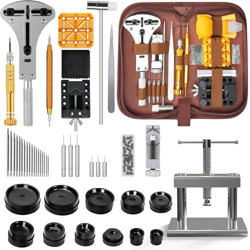 MFLABEL Kit d'outils pour montre + presse à montres, 162 pièces, outil de réparation d'horloger, outil d'horlogerie, outil de verrouillage de montre, outil d'insertion, changement de pile