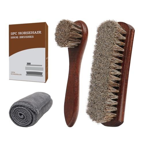 Kit Brosse Chaussure 3 Pièces - 100% CRIN de Cheval Naturel - Brosse à Lustrer, Brosse Applicateur (Palot) & Chiffon Microfibre - Set Complet pour Cirage et Entretien des Souliers & Bottes Cuir