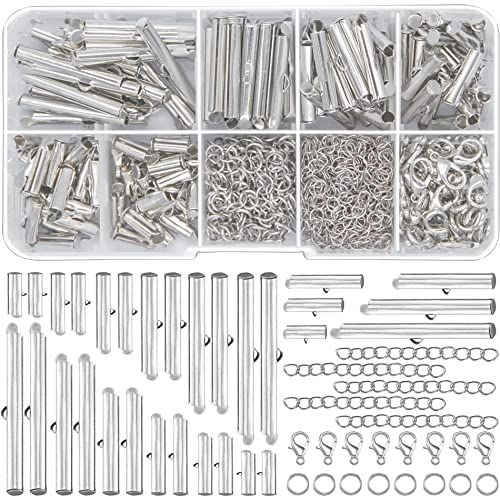 EuTengHao Slider fermoir pour métiers à perles Tube coulissant barre d’extrémité fermoir homard chaîne Extender Kit de recherche de bijoux pour perles collier Bracelet fabrication de bijoux Argenté.