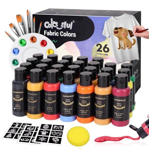 Colorful Kit de peinture pour tissu avec 6 pinceaux, 1 palette, 26 couleurs, imperméable, permanent, kit de peinture textile pour adultes pour arts sur vêtements, chaussures et toiles