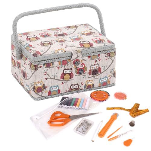 Hobby Gift Boîte de rangement exclusive pré-remplie avec kit de couture 94 pièces inclus, 18.5 x 25.5 x 14.5cm, chouette