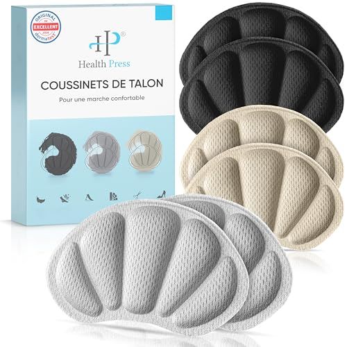 Health Press Lot de 3 paires de semelles de protection de talon de qualité supérieure - Noir, gris, beige - Semelles antidérapantes pour grandes chaussures - Protection du talon contre les frottements