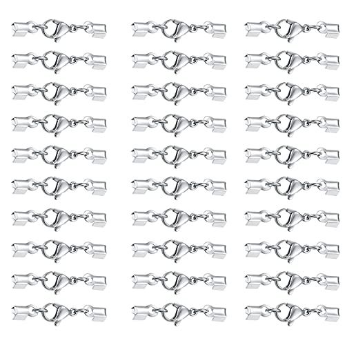 VEGCOO 30 Pcs Pince de Homard Fermoir, Fermoirs Bracelet avec Extrémités de Cordon, Fermoir Attach avec Chaîne d'Extension pour la Fabrication de Bijoux en Bracelet